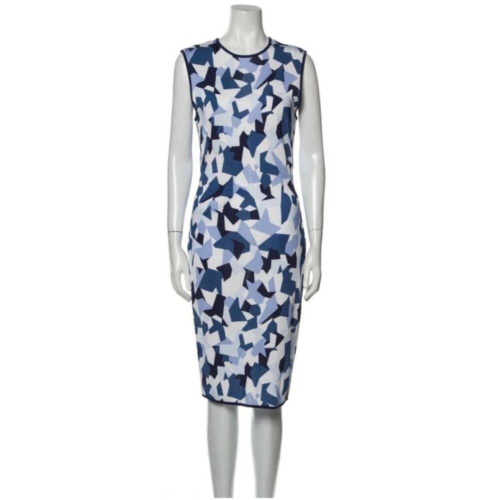 GIVENCHY Geometric Pencil Dress Blue Navy White Knit Stretch Size M Sleeveless